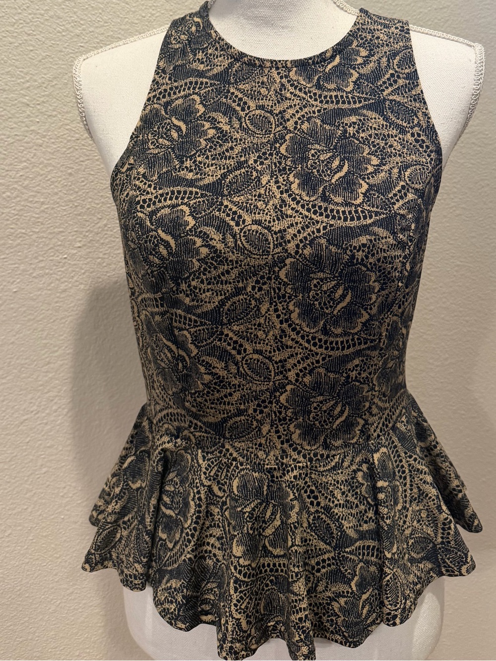 Atmosphere Black and Cream Lace-Print Peplum Top